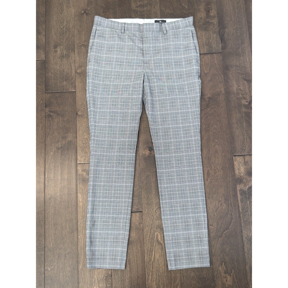 H&M Mens Skinny Fit Stretch Grey Flat Front Glen Plaid Dress Pants Size 36X30
